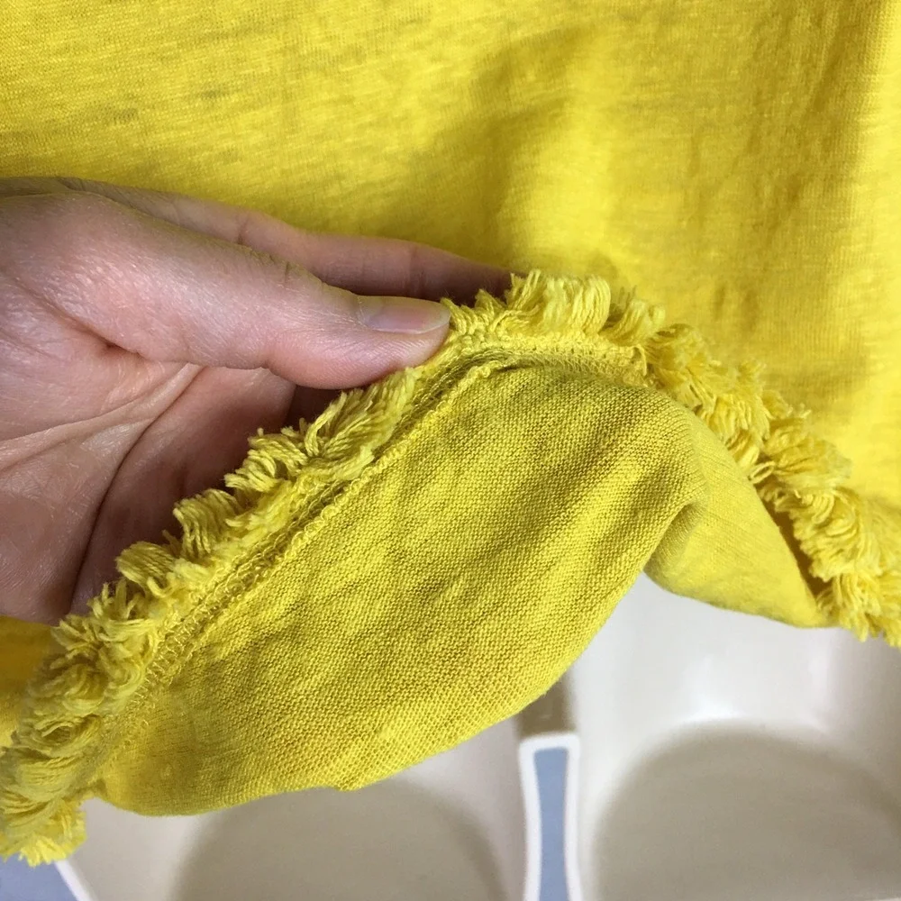 Chicos 100% Linen Yellow Top‎ XL Size 3 Fringe Trim  Boho Bright Summer Vacation